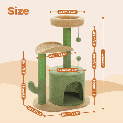 Cactus Cat Tree with Curved Perch Cozy Cat Condo Small Cat Tower with Removable Top Bed Cat Scratching Post for Indoor Cat Toys